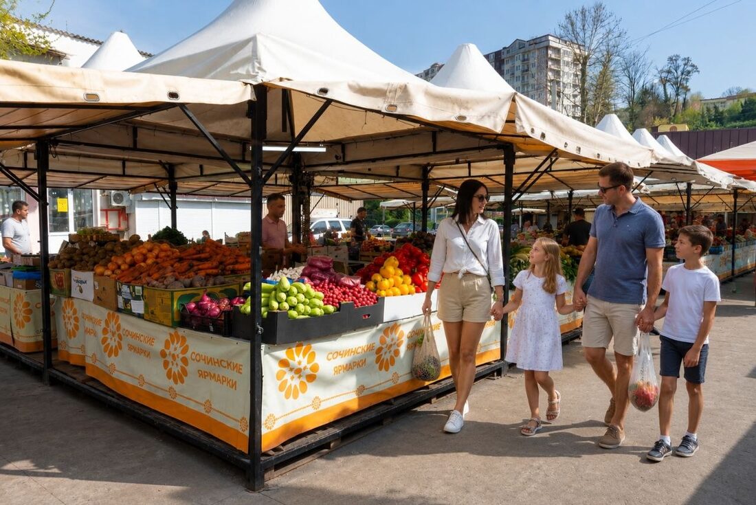 Семья выбирает продукты на ярмарке